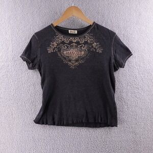 Jamee J Women's‎ Charcoal Ribbed Embellished Graphic T Shirt Y2K Stretch